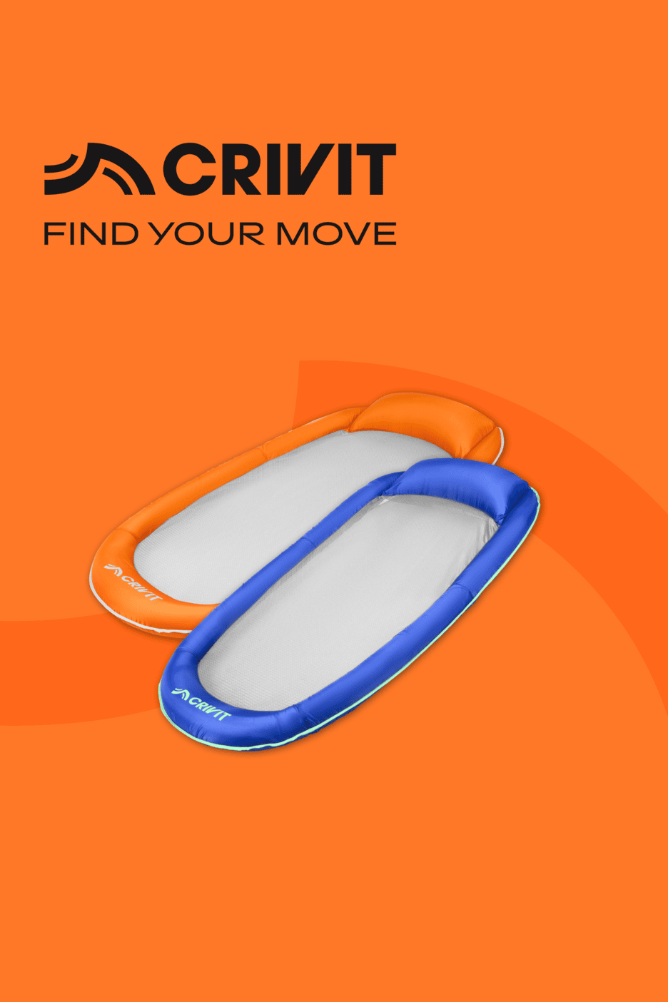 Zwei orangefarbene und blaue aufblasbare Poolliegen mit Netzgewebe auf orangefarbenem Hintergrund.