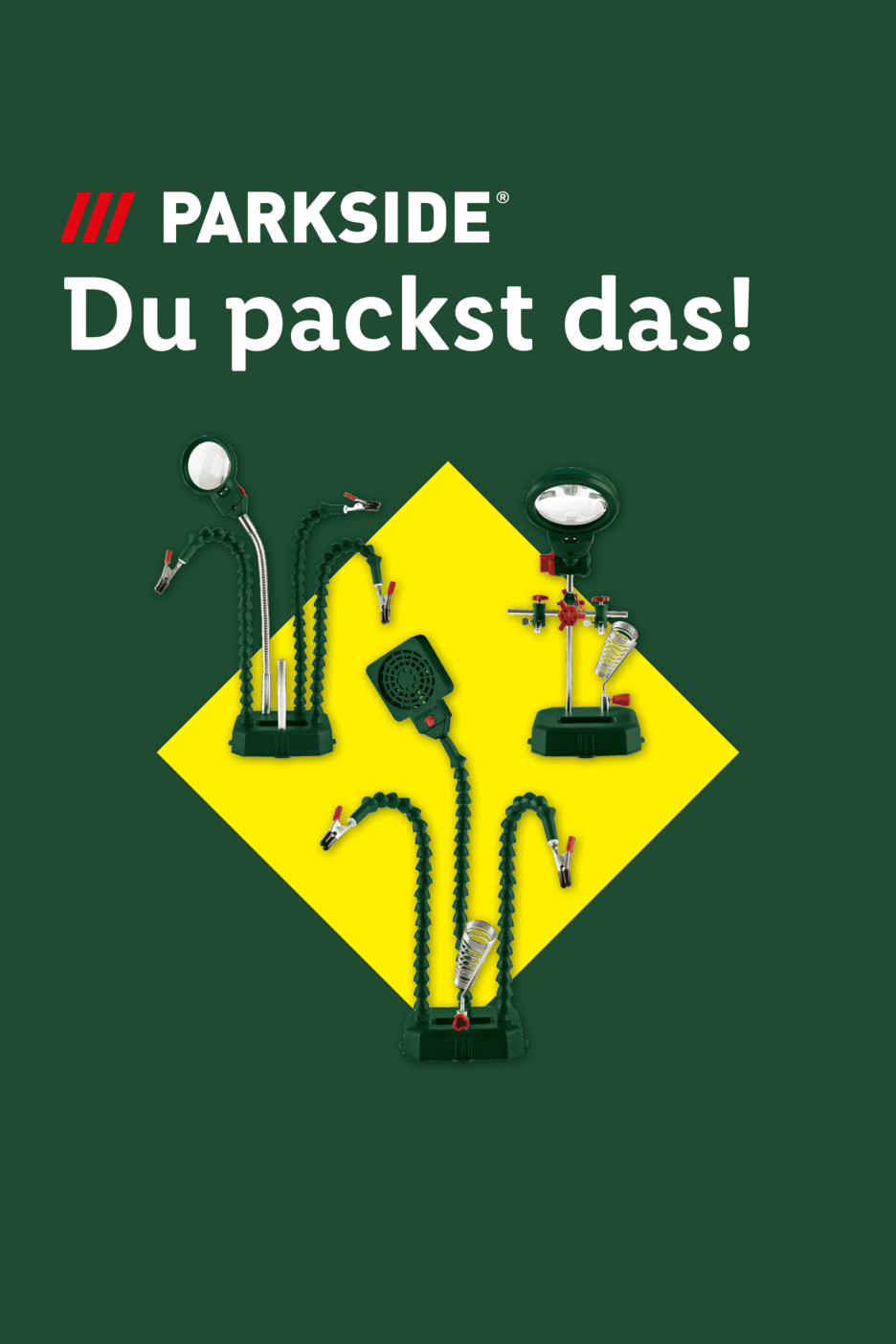 Löthilfen und eine Absaugvorrichtung auf gelbem Hintergrund. Text: Du packst das!