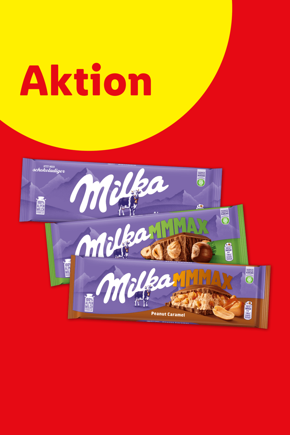 Drei Tafeln Schokolade mit Nüssen und Karamell auf rotem Hintergrund mit gelbem Kreis und dem Wort 'Aktion'.