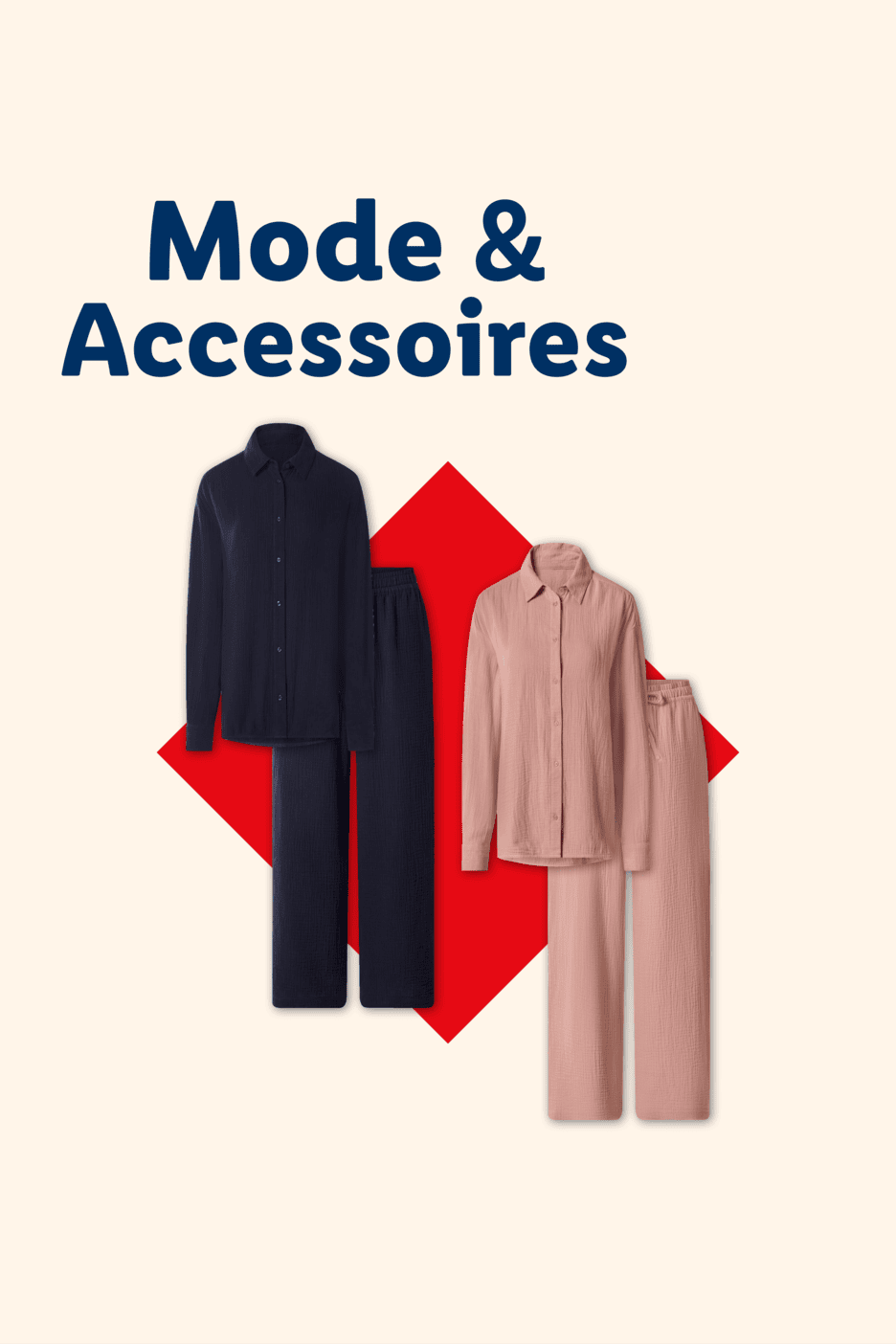 Mode & Accessoires: Zwei Sets aus Hemd und Hose in Dunkelblau und Rosa.