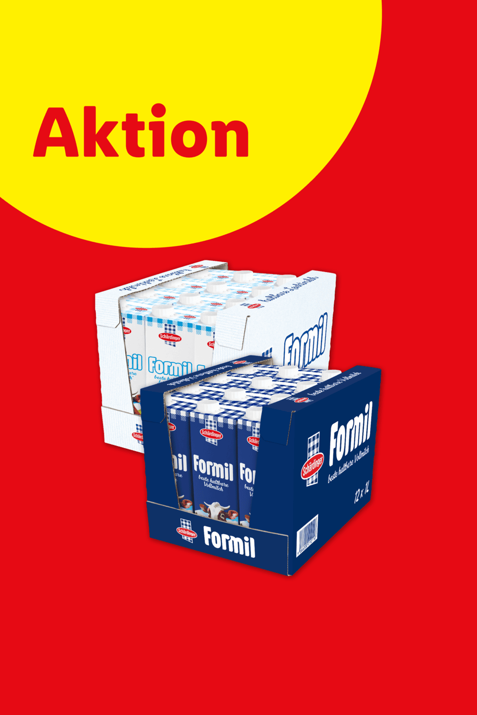 Zwei Kartons mit Milchpackungen, einer weiß und einer blau, vor rotem und gelbem Hintergrund mit dem Wort „Aktion“.