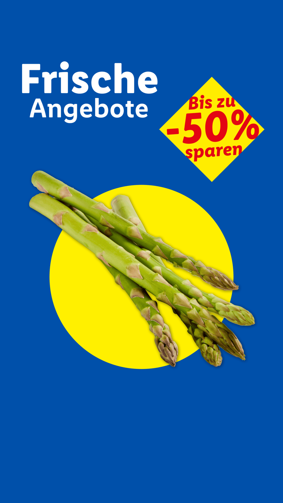 Frische Angebote: Grüner Spargel auf gelbem Kreis, bis zu 50% sparen.