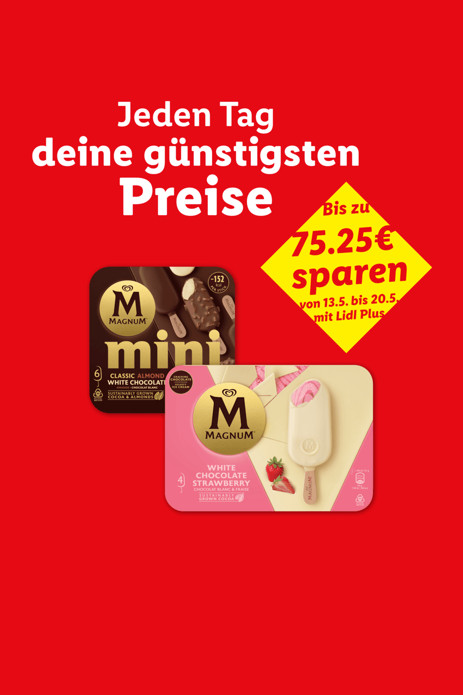 Werbebild für Eis am Stiel mit dem Text 'Jeden Tag deine günstigsten Preise' und 'Bis zu 75.25€ sparen'.