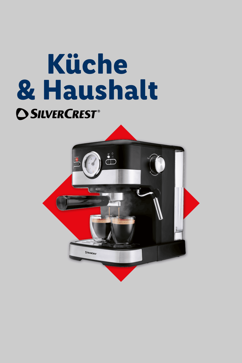 Espressomaschine mit zwei Tassen Kaffee, umgeben von einem roten Quadrat. Text: Küche & Haushalt.