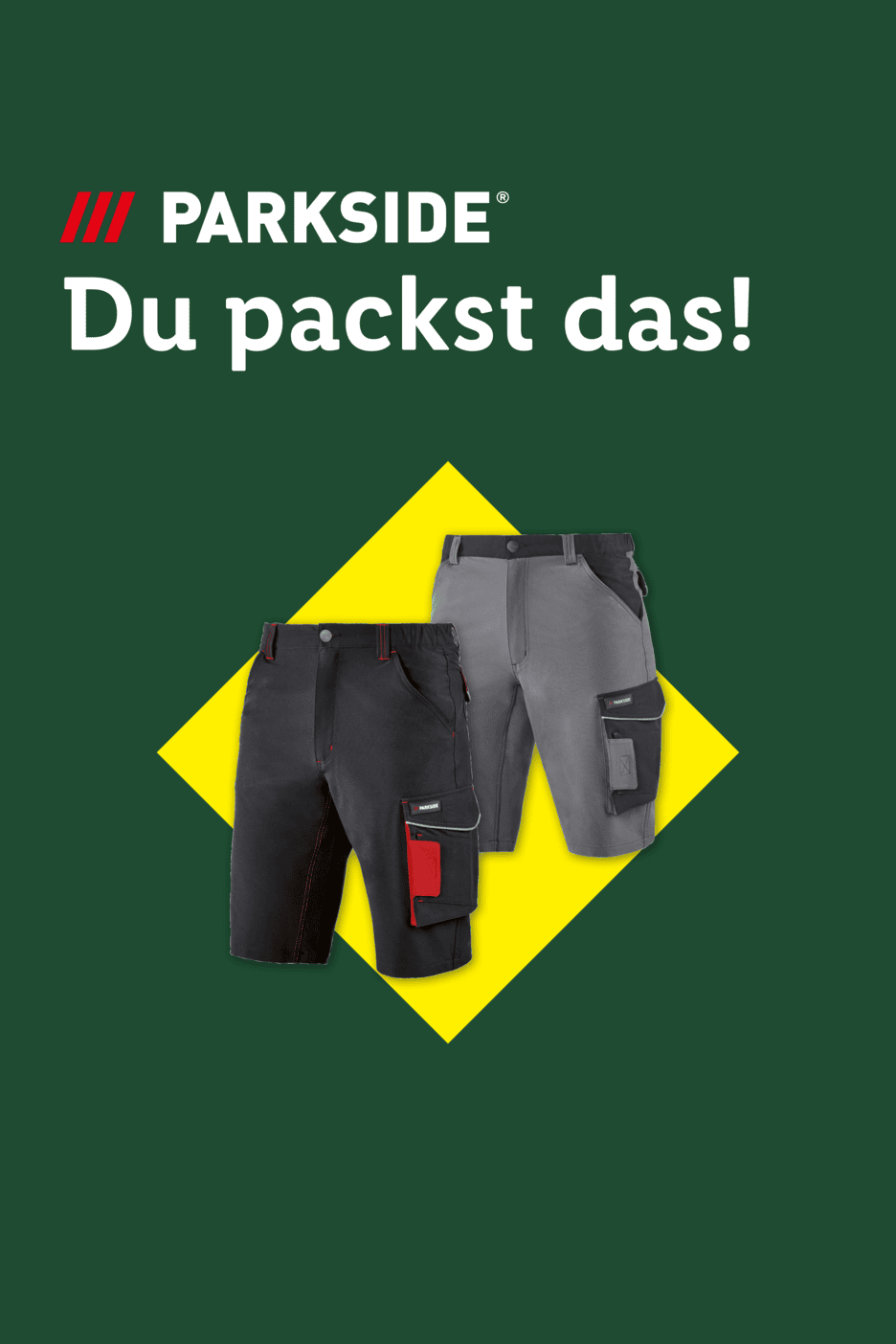 Zwei Arbeitsshorts in Schwarz und Grau auf gelbem Hintergrund mit dem Text 'Du packst das!'