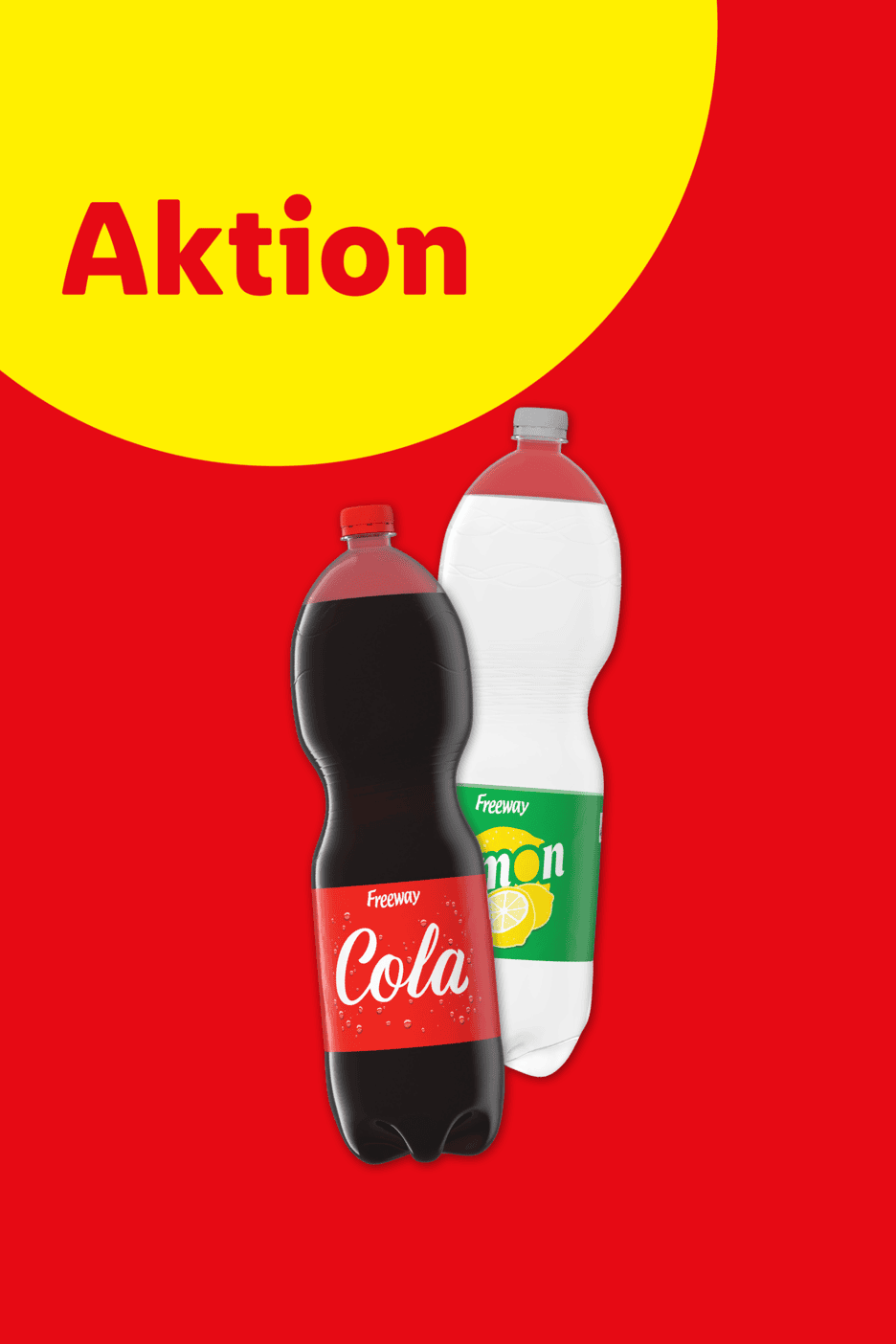 Aktion: Zwei Flaschen Limonade, eine Cola und eine Zitronenlimonade, auf rotem Hintergrund.