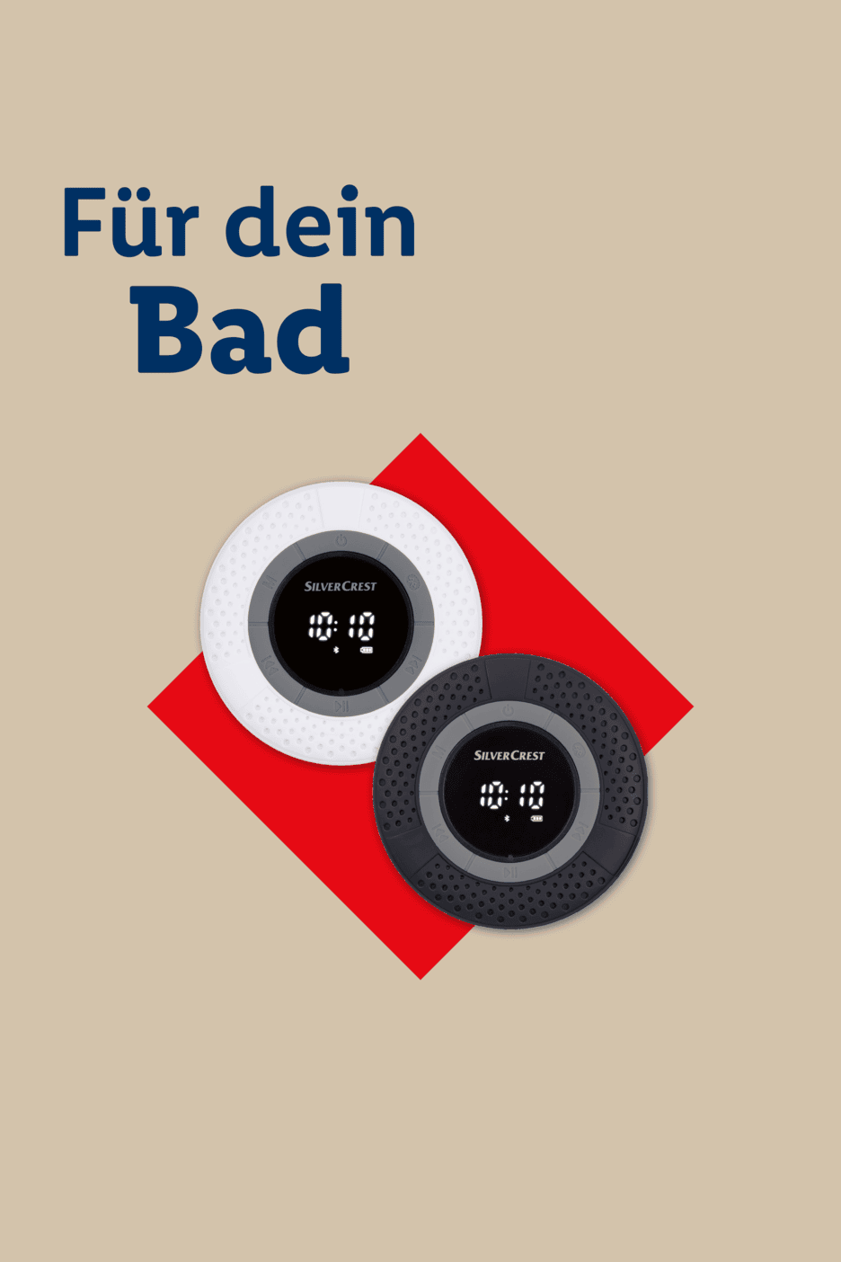 Zwei runde, wasserdichte Lautsprecher in Weiß und Schwarz auf rotem Hintergrund mit dem Text 'Für dein Bad'.