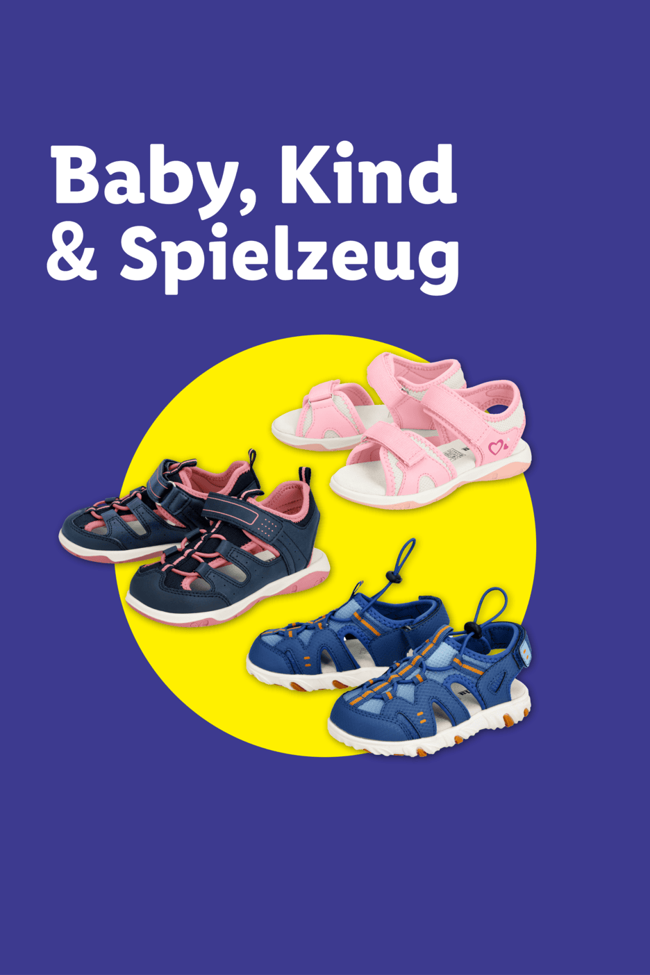Baby-, Kinder- und Spielzeugartikel: Drei Paar Kinderschuhe auf gelbem Kreis.