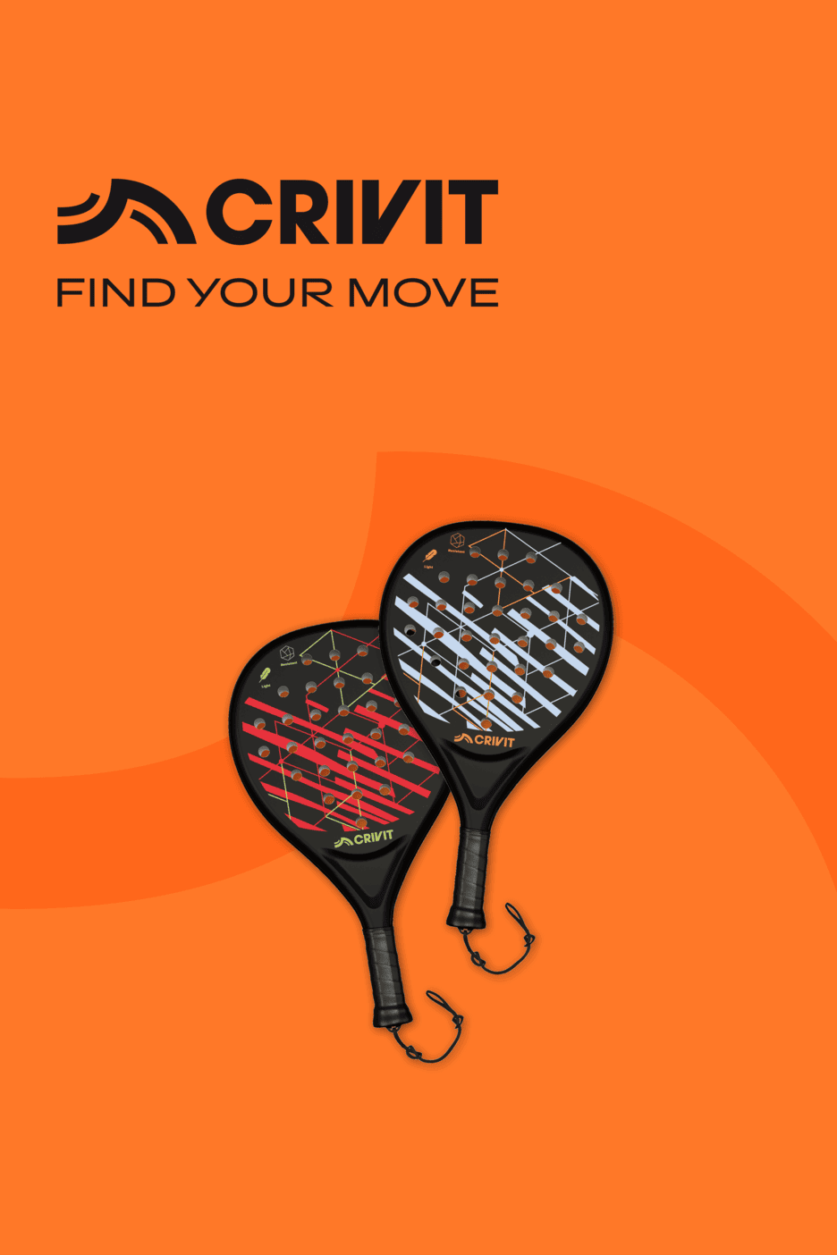 Zwei schwarze Padel-Schläger mit farbigen Mustern auf orangefarbenem Hintergrund, mit dem Text „FIND YOUR MOVE“.