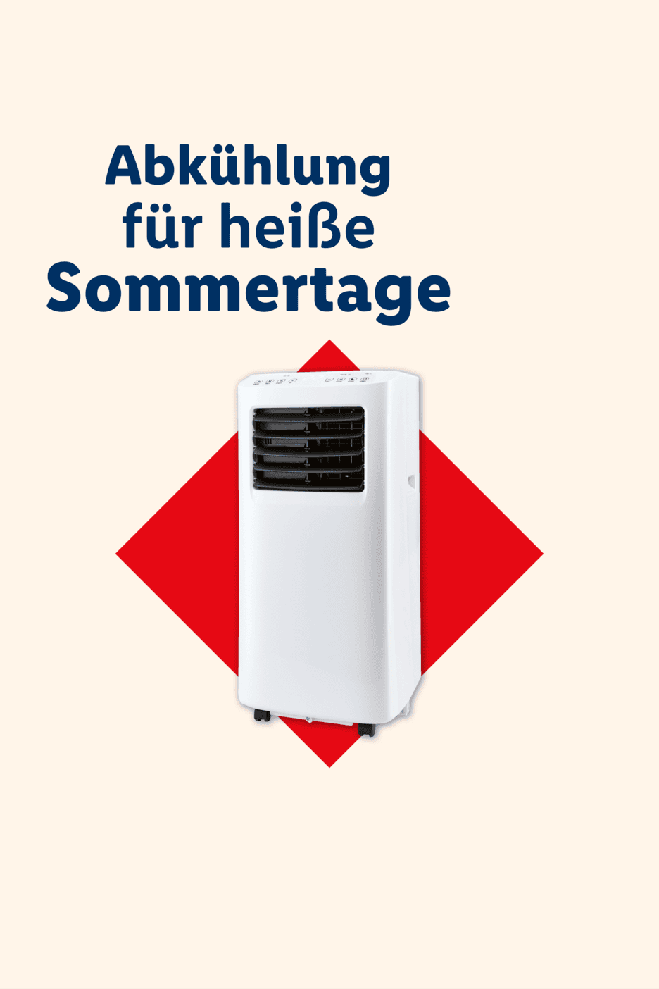 Ein mobiles Klimagerät vor rotem Hintergrund mit dem Text 'Abkühlung für heiße Sommertage'.