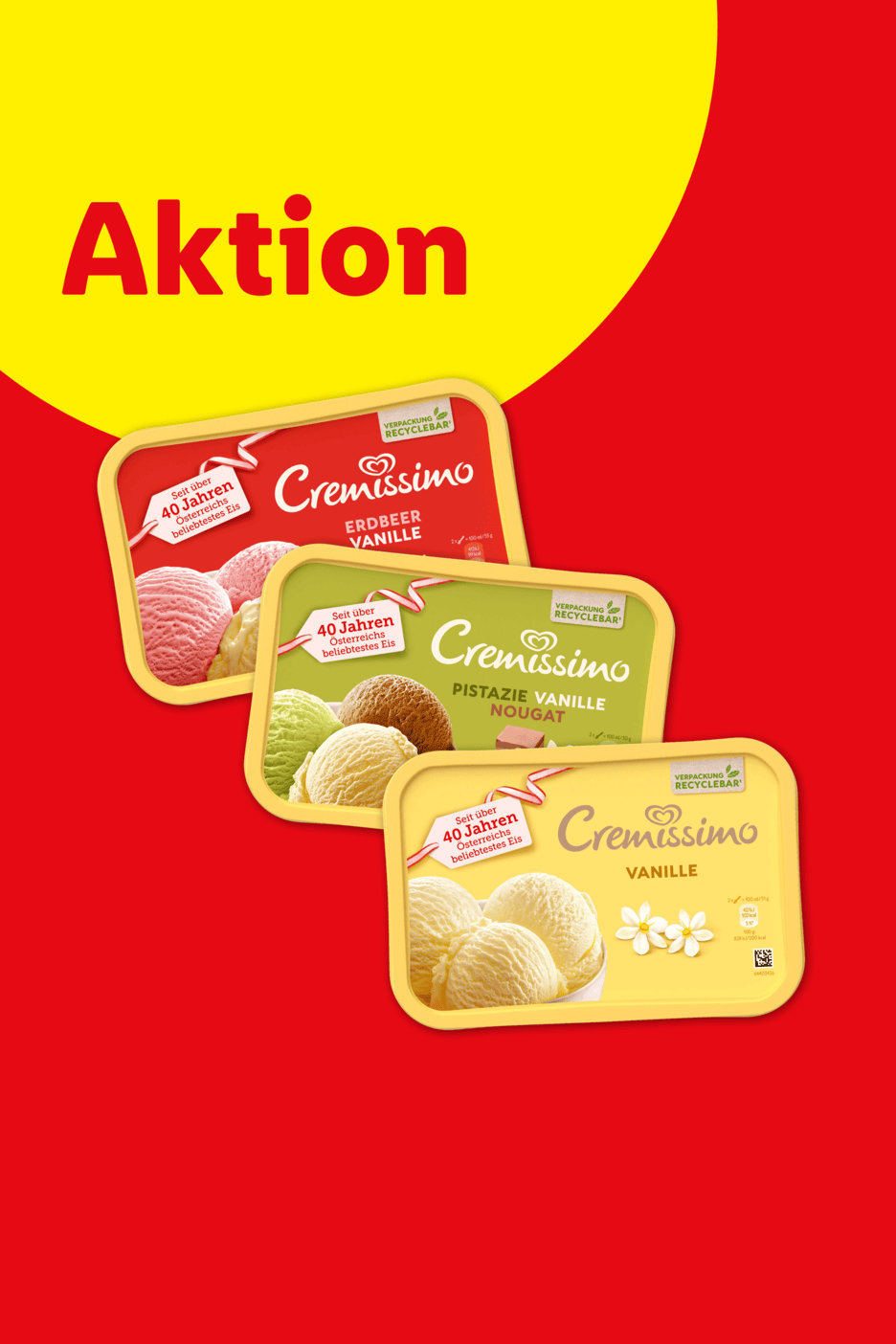 Drei Packungen Eiscreme in den Sorten Erdbeer-Vanille, Pistazie-Vanille-Nougat und Vanille, mit dem Text „Aktion“.