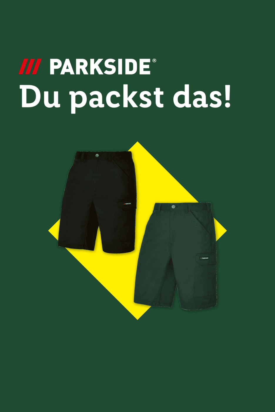 Zwei Arbeitsshorts in Schwarz und Dunkelgrün auf gelbem Hintergrund mit dem Text 'Du packst das!'