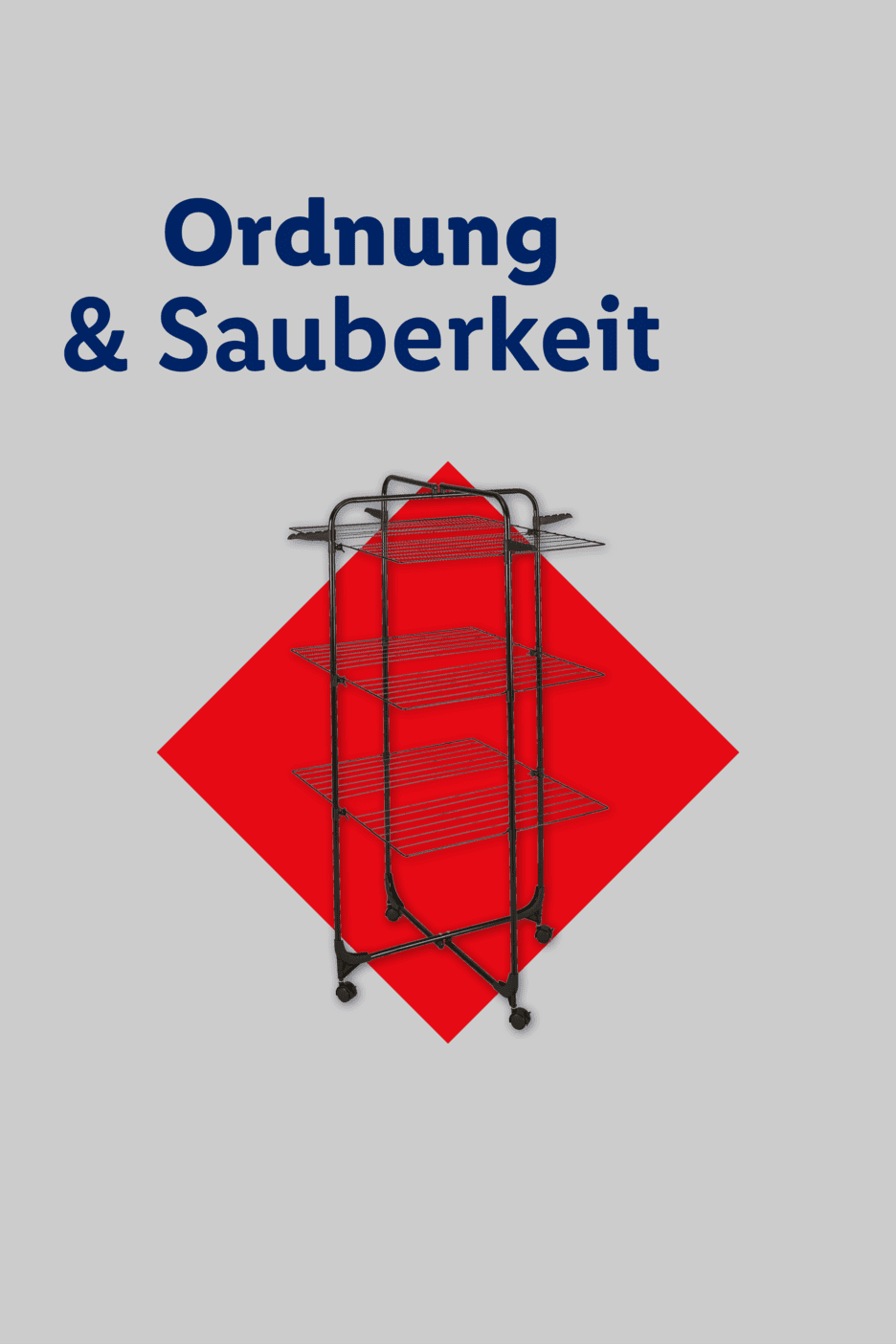 Wäscheständer auf Rollen vor rotem Quadrat mit Text „Ordnung & Sauberkeit“