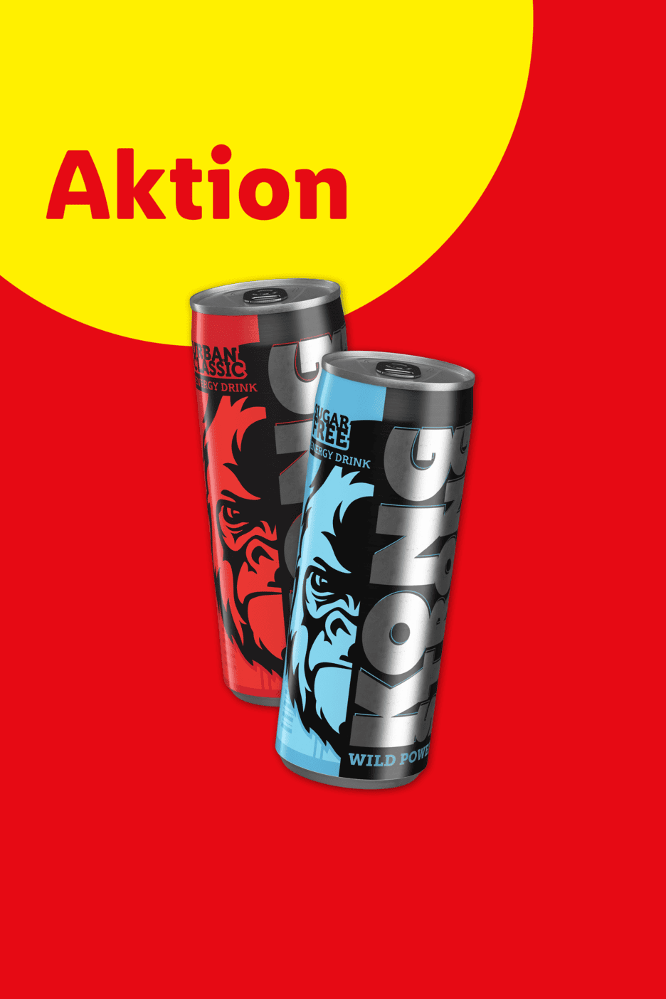 Zwei Energy-Drinks in Dosen, eine rot, eine blau, vor rotem und gelbem Hintergrund mit dem Wort 'Aktion'.
