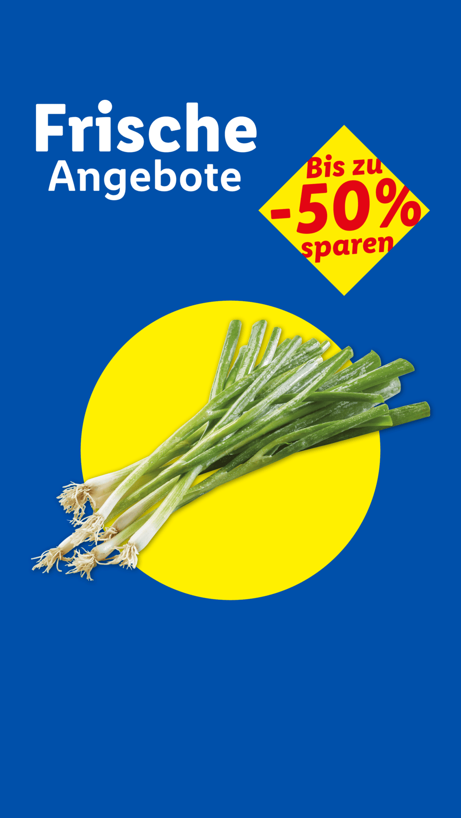 Frische Angebote: Lauchzwiebeln auf gelbem Kreis, bis zu -50% sparen.