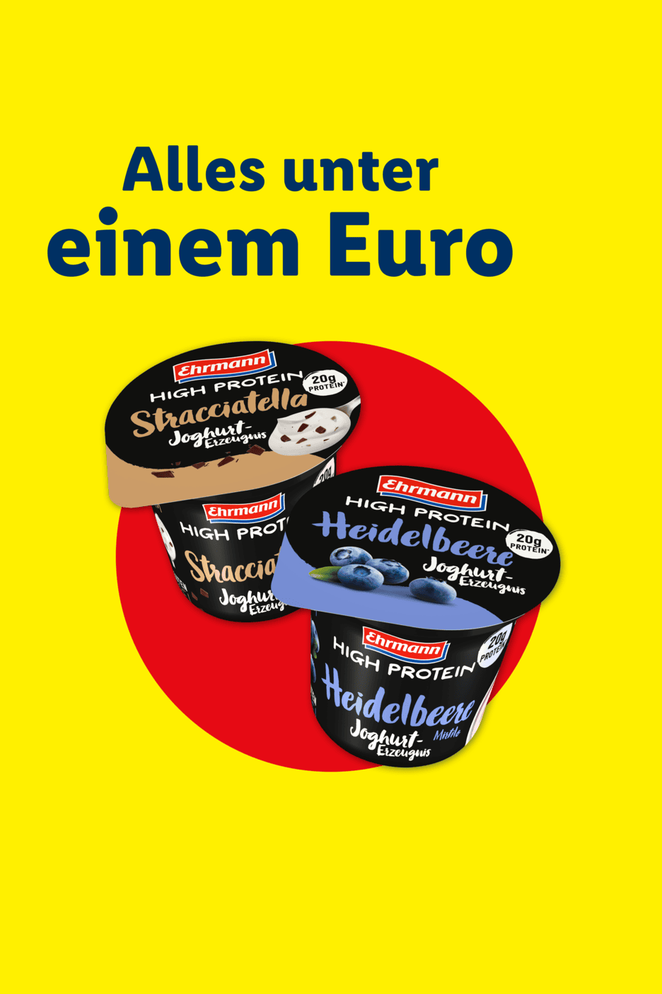 High-Protein-Joghurt in den Sorten Stracciatella und Heidelbeere, beworben mit „Alles unter einem Euro“.