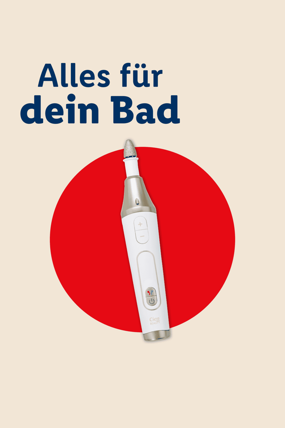 Nagelfräser vor rotem Kreis mit Text 'Alles für dein Bad'