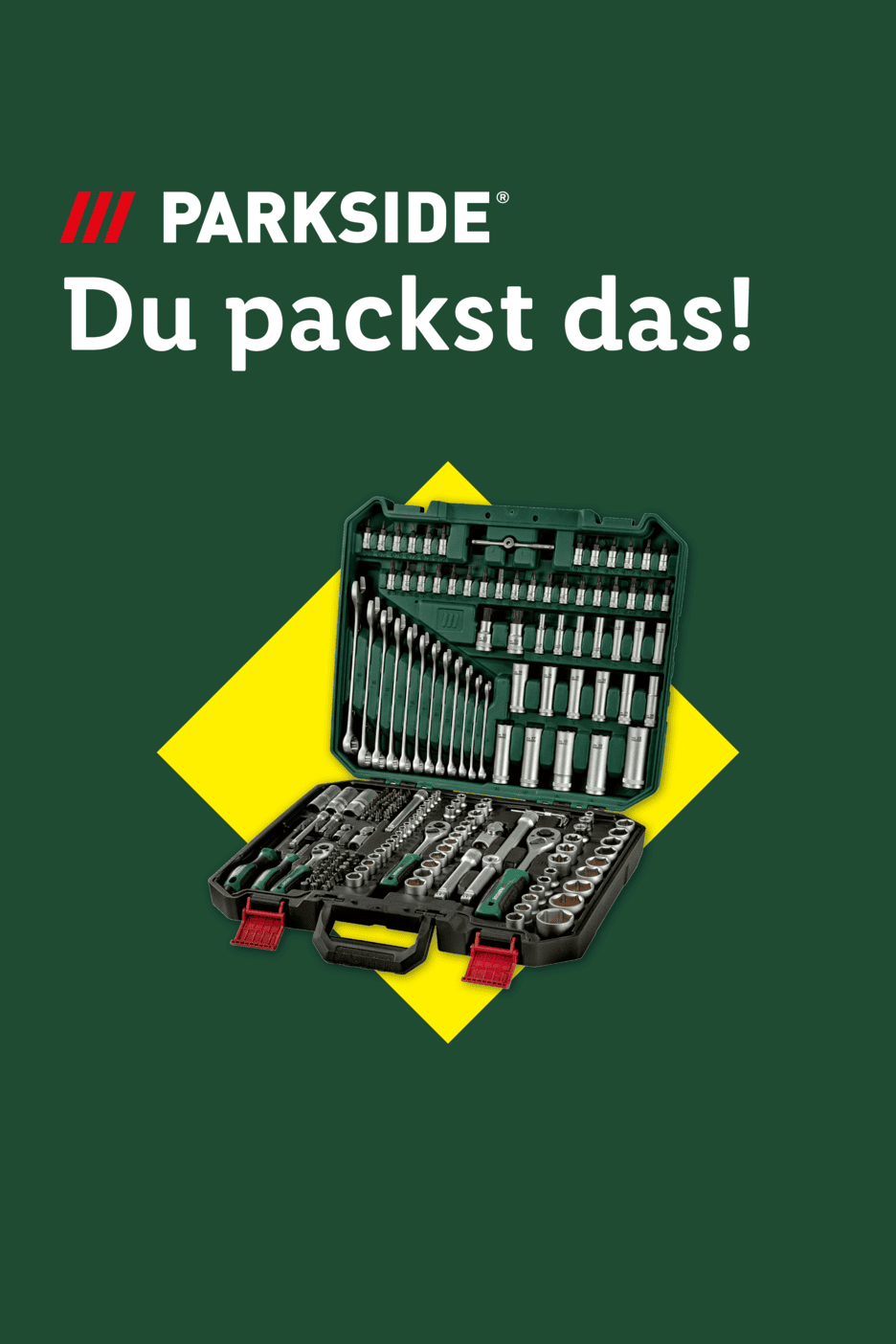 Werkzeugkoffer mit Schraubenschlüsseln und Stecknüssen auf gelbem Hintergrund mit dem Text 'Du packst das!'