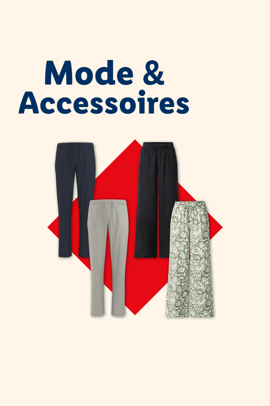 Mode & Accessoires: Verschiedene Hosen, darunter eine blaue, graue, schwarze und eine gemusterte Hose.