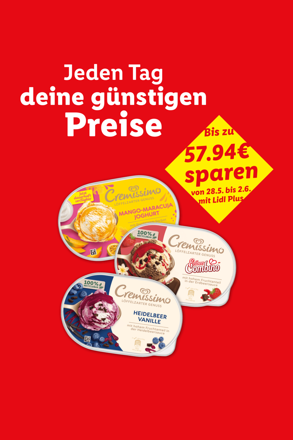Drei Eissorten: Mango-Maracuja Joghurt, Erdbeer Combino und Heidelbeer Vanille, mit Sparangebot.