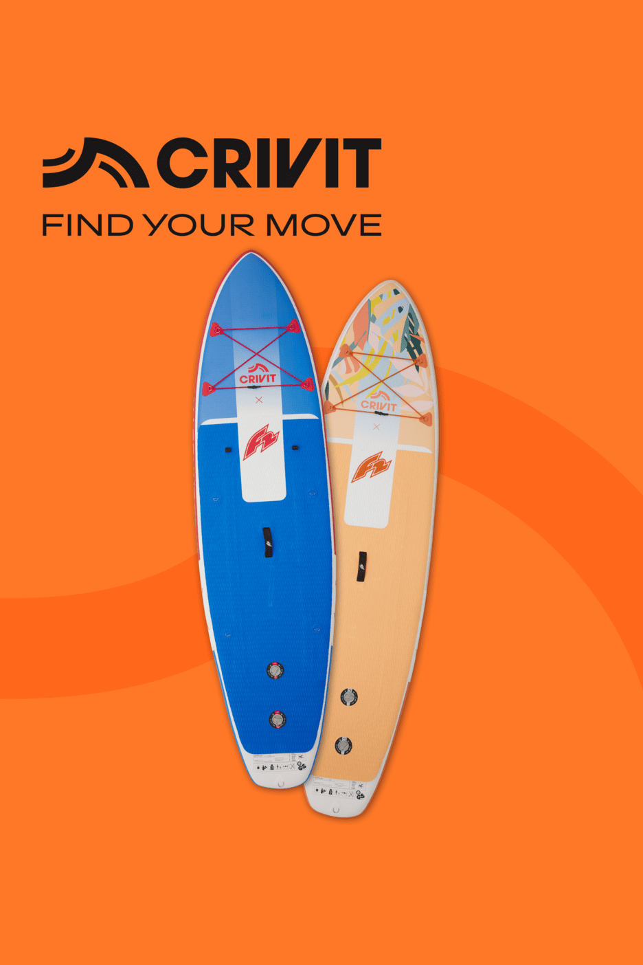 Zwei Stand-Up-Paddle-Boards auf orangefarbenem Hintergrund mit dem Text „FIND YOUR MOVE“.