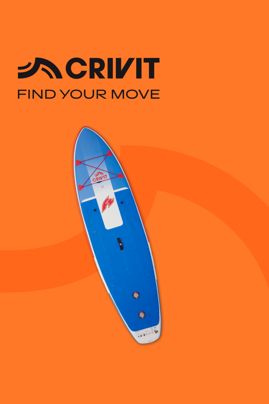 Blaues Stand-Up-Paddle-Board auf orangefarbenem Hintergrund mit dem Text „FIND YOUR MOVE“.