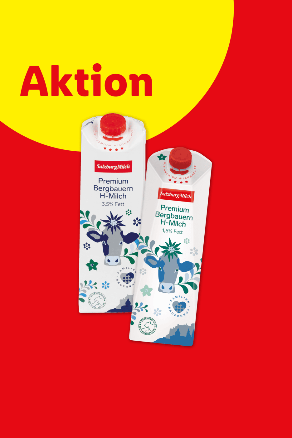 Zwei Packungen H-Milch mit 3,5% und 1,5% Fett, beworben als „Aktion“.