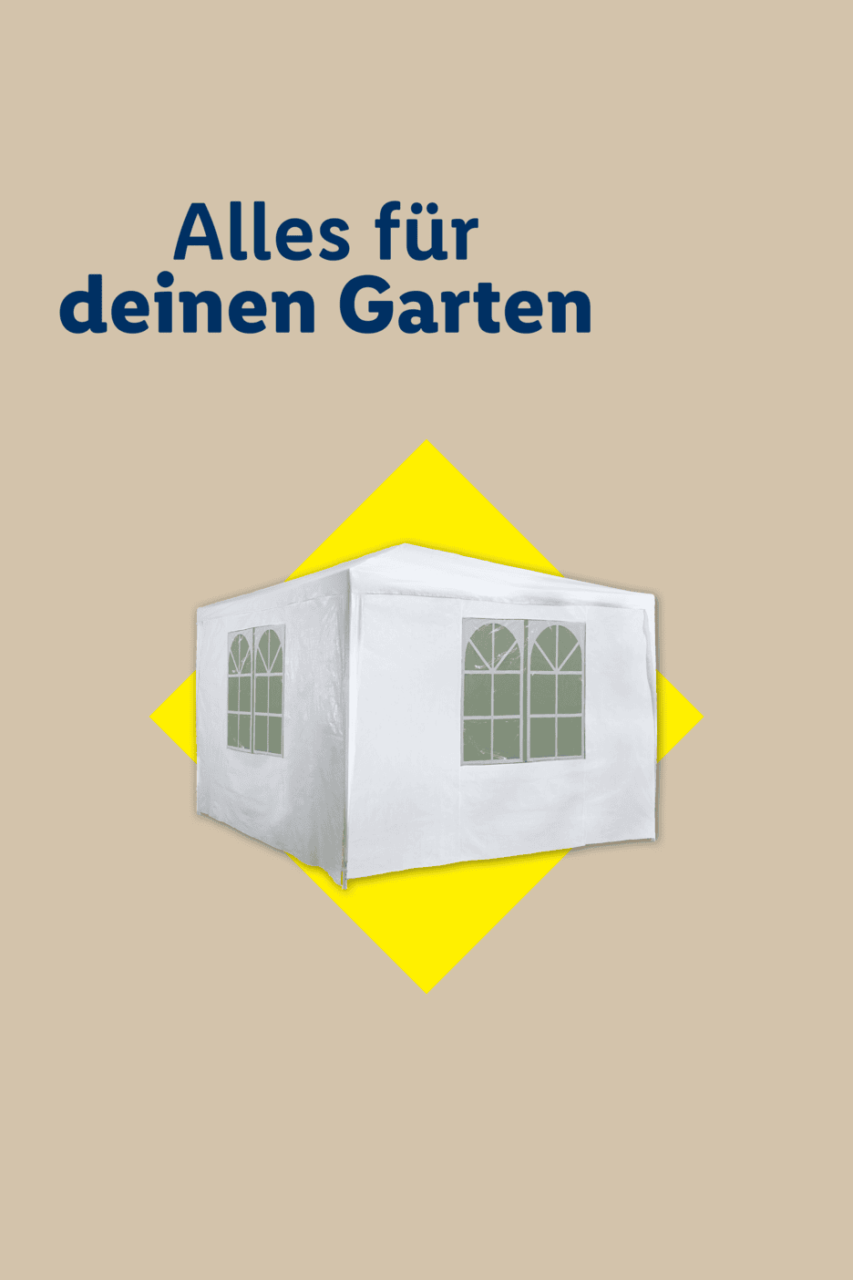 Alles für deinen Garten: Ein weißes Partyzelt mit Fenstern auf gelbem Hintergrund.