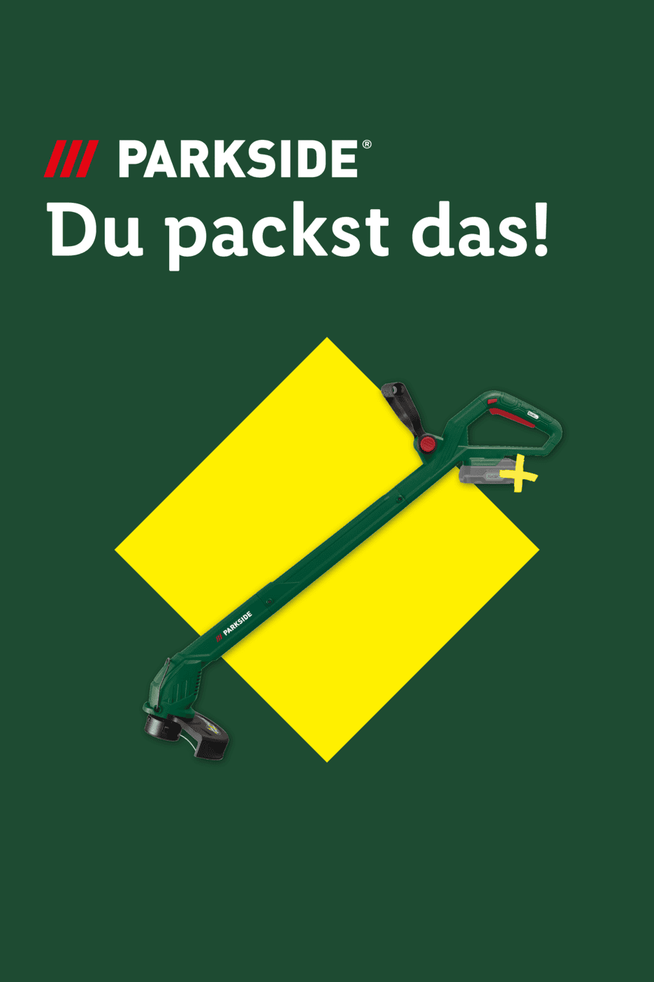 Grüner Rasentrimmer auf gelbem Quadrat mit dem Text 'Du packst das!'