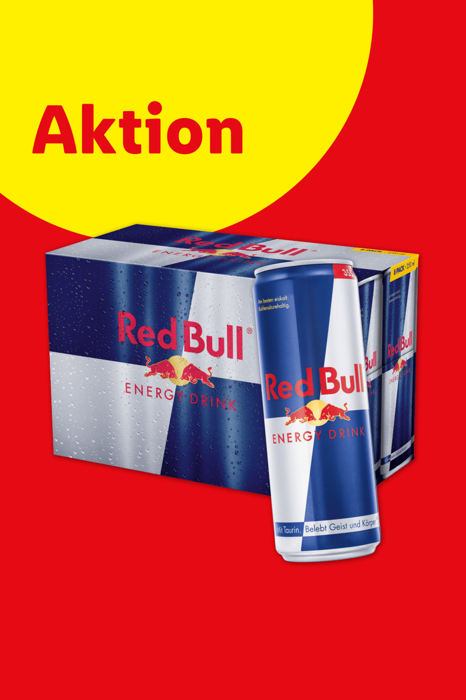 Red Bull Energydrink-Multipackung und einzelne Dose auf rotem Hintergrund mit gelbem Aktionsbanner.