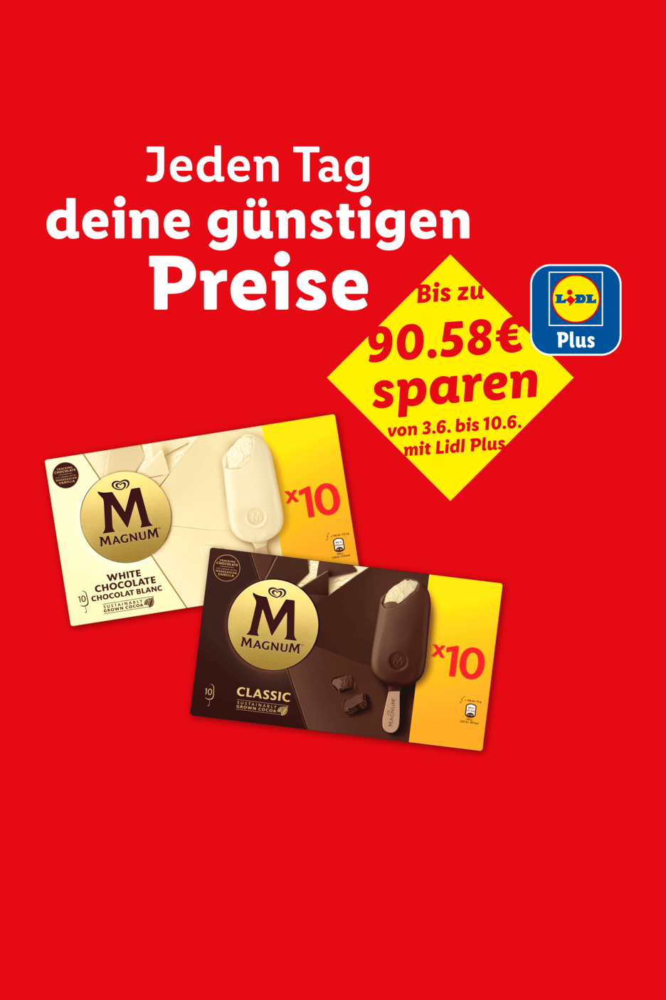Zwei Packungen Eis am Stiel, eine weiße Schokolade und eine klassische, mit einem Angebot von bis zu 90,58 € Ersparnis mit Lidl Plus.