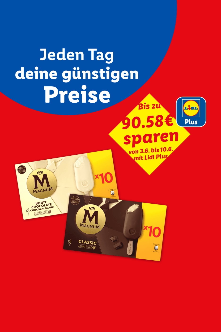 Zwei Packungen Eis am Stiel, eine weiße Schokolade und eine klassische, mit einem Angebot von bis zu 90,58 € Ersparnis.