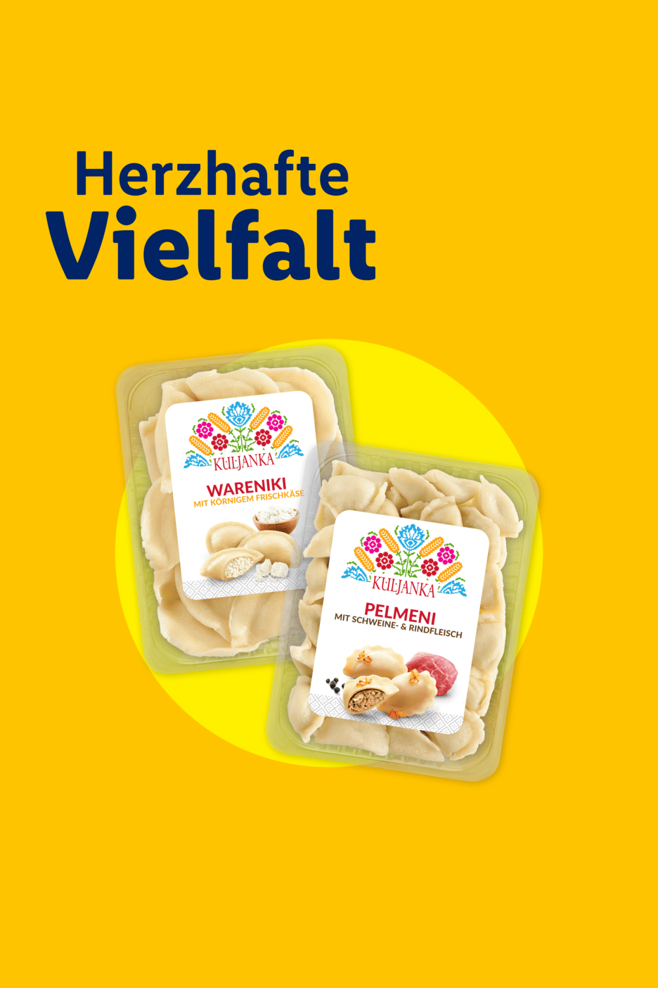 Herzhafte Vielfalt: Packungen mit WARENIKI (Quarktaschen) und PELMENI (Fleischtaschen).