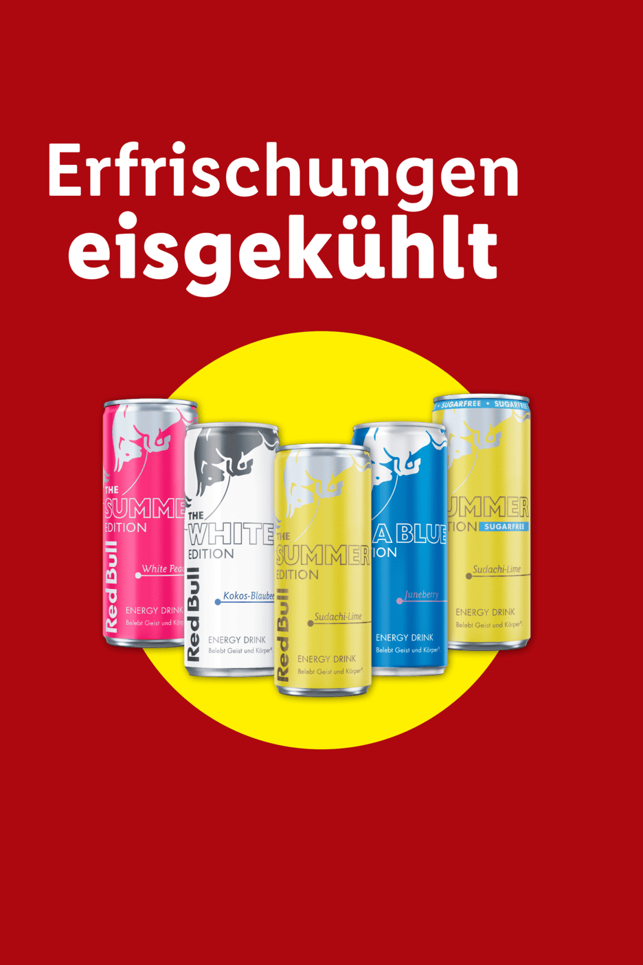 Erfrischungen eisgekühlt: Fünf verschiedene Energydrinks in Dosen, darunter Sommer- und White Editionen.