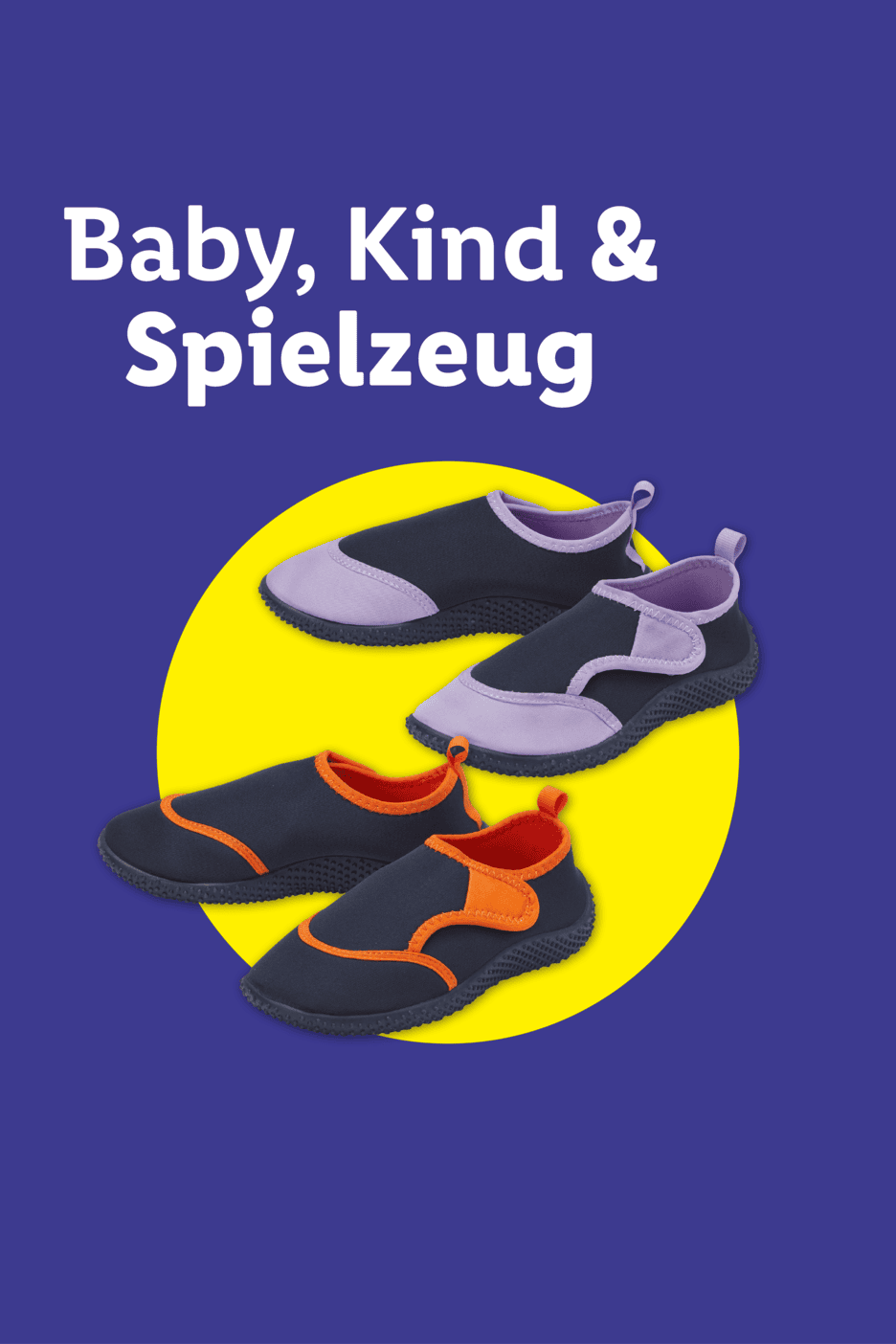 Badeschuhe für Kinder in Lila und Orange auf gelbem Kreis mit Text 'Baby, Kind & Spielzeug'