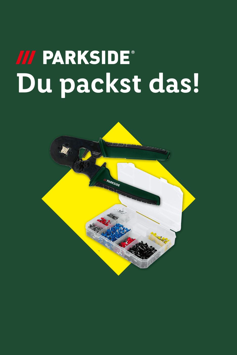 Crimpzange und Sortimentskasten mit Aderendhülsen auf gelbem Hintergrund. Text: Du packst das!