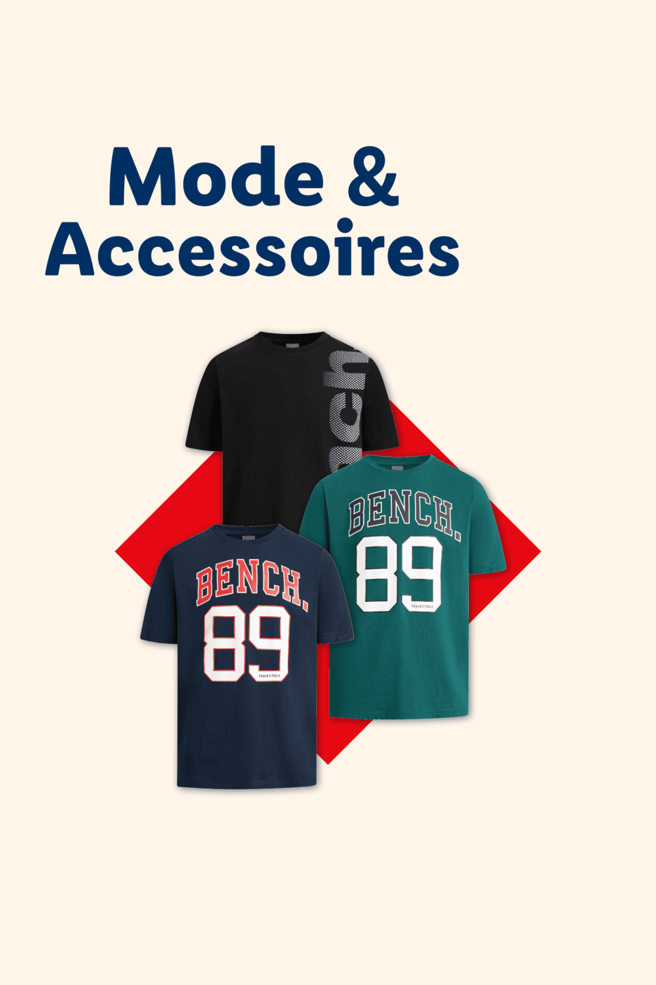 Drei T-Shirts in Schwarz, Dunkelblau und Dunkelgrün mit der Aufschrift „Mode & Accessoires“.