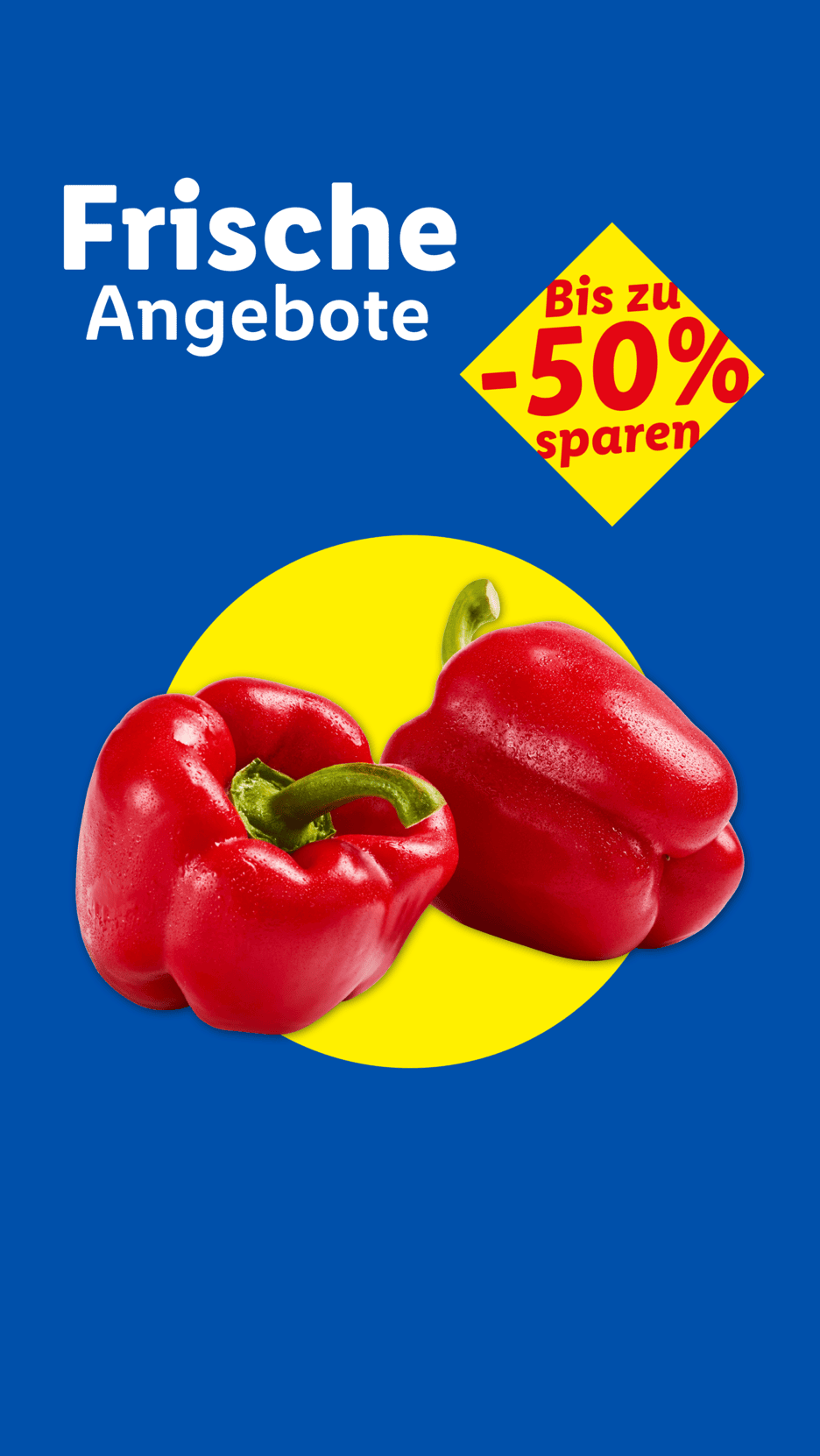 Frische Angebote: Rote Paprika mit bis zu 50% Rabatt auf blauem Hintergrund.