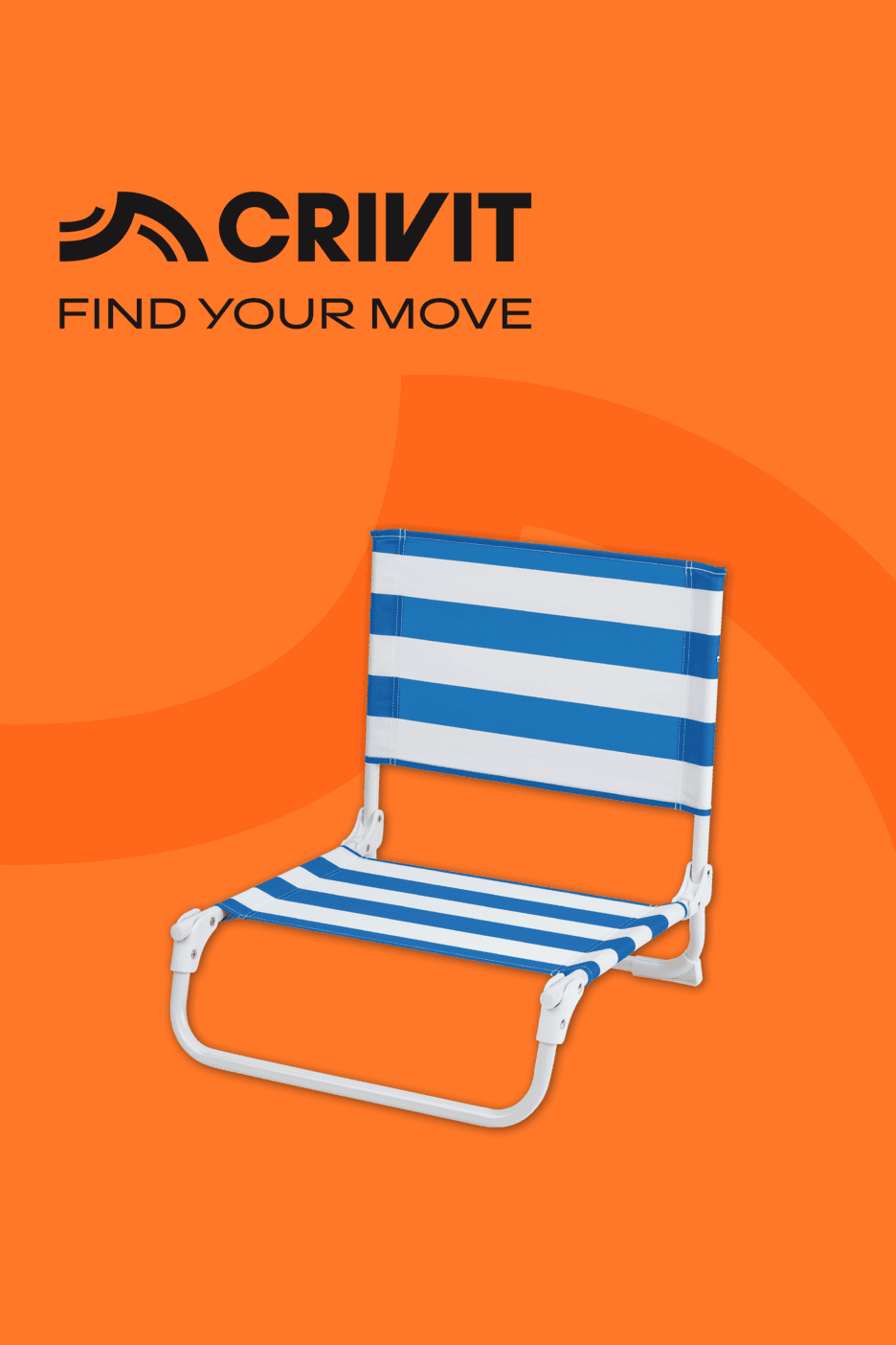 Blau-weiß gestreifter Strandstuhl auf orangefarbenem Hintergrund mit dem Text „FIND YOUR MOVE“.