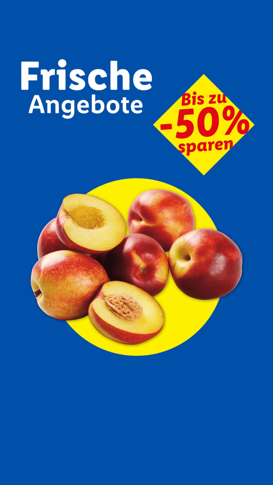 Frische Nektarinen und Pfirsiche mit einem Rabatt von bis zu 50% auf blauem Hintergrund.
