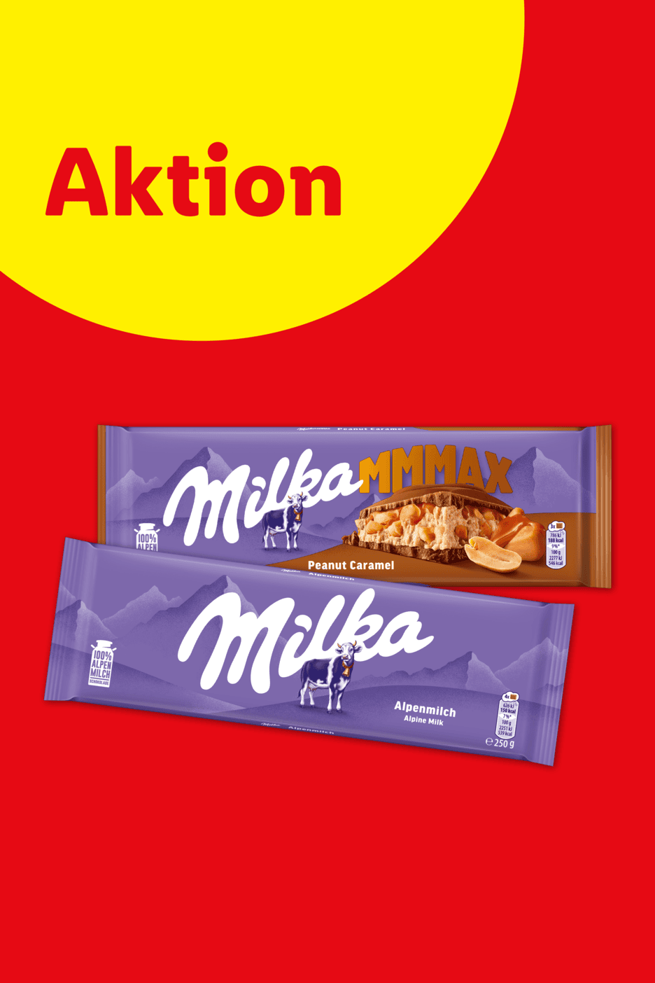 Zwei Tafeln Schokolade, eine mit Erdnuss-Karamell und eine Alpenmilch, vor rotem Hintergrund mit gelbem Kreis und dem Wort „Aktion“.