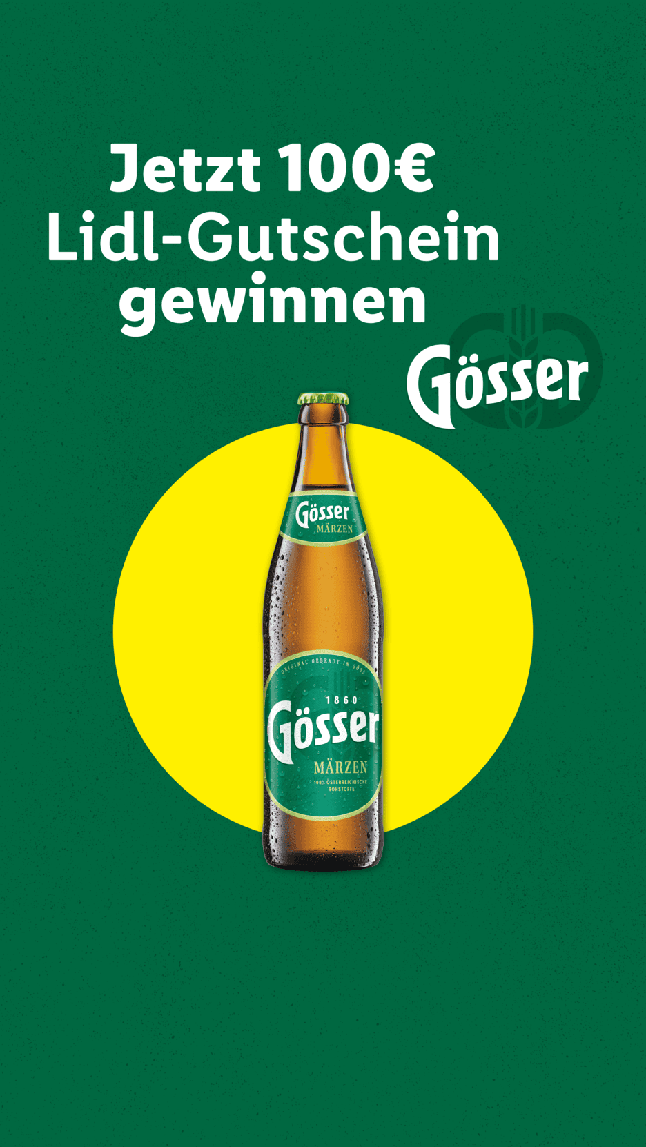 Grüner Hintergrund mit gelbem Kreis, Bierflasche und Text: Jetzt 100€ Lidl-Gutschein gewinnen.
