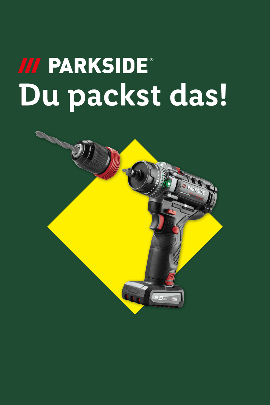 Bohrmaschine mit abnehmbarem Bohrfutter und Bohrer vor gelbem Quadrat auf grünem Hintergrund mit Text: Du packst das!
