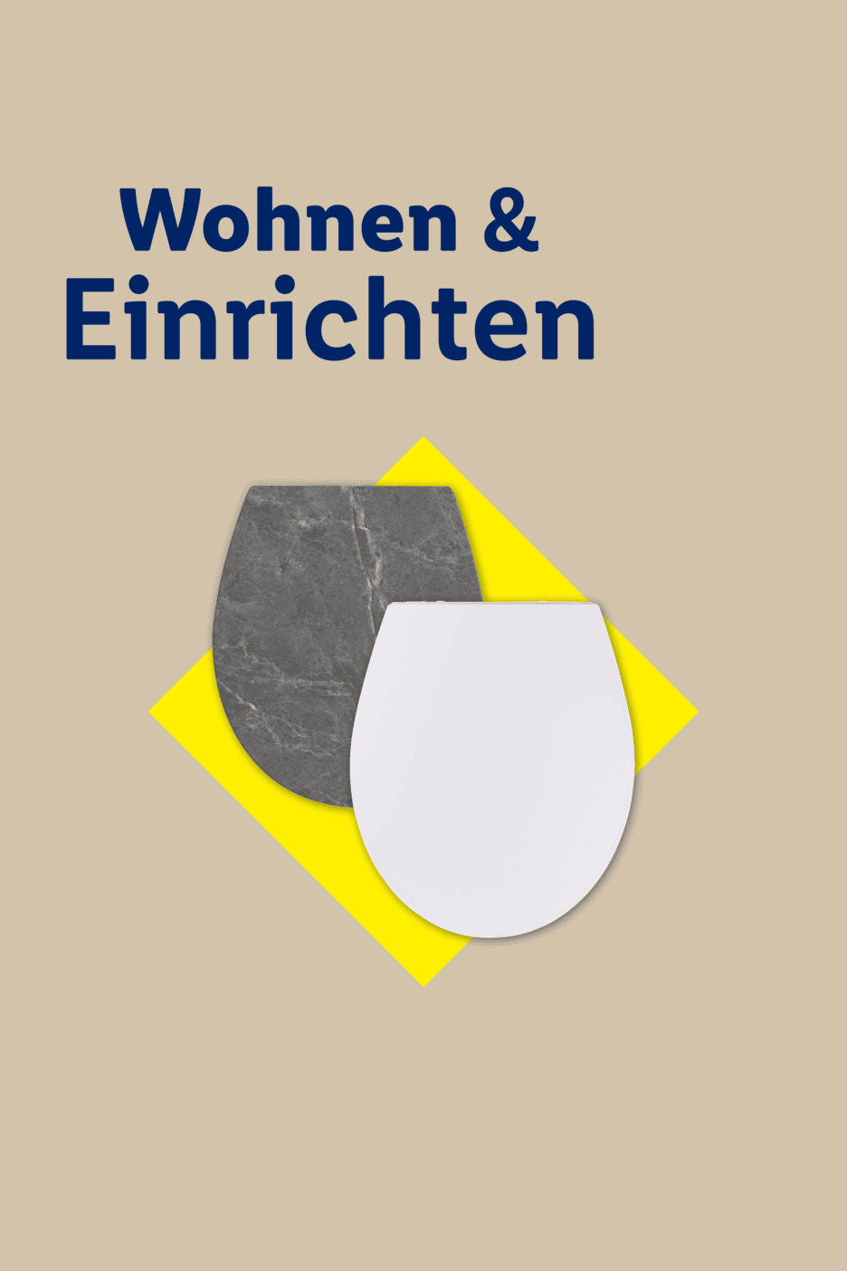 Zwei Toilettensitze, einer grau marmoriert, einer weiß, auf gelbem Hintergrund mit dem Text „Wohnen & Einrichten“.