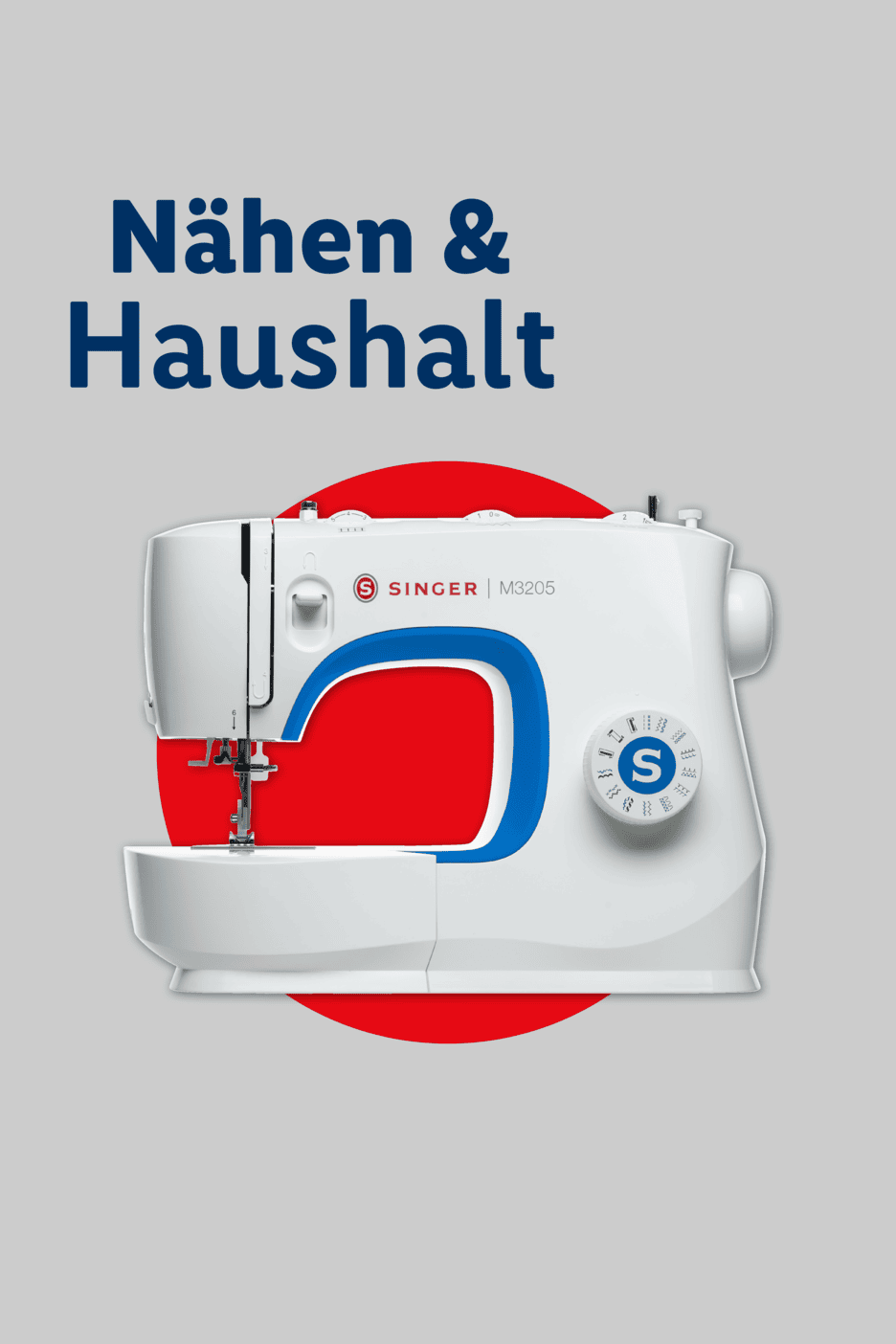 Nähmaschine mit Text 'Nähen & Haushalt' auf grauem Hintergrund.