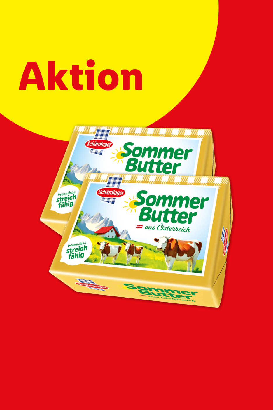 Zwei Packungen Sommerbutter mit Alpenlandschaft und Kühen, beworben als „Aktion“.