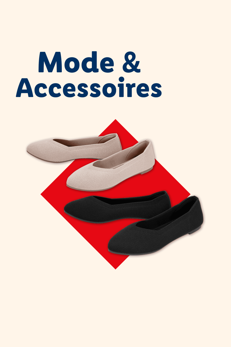 Mode & Accessoires: Beige und schwarze Ballerinas auf rotem Hintergrund.