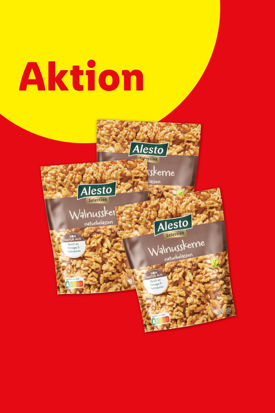 Aktionsangebot für Walnusskerne, reich an Omega-3-Fettsäuren.