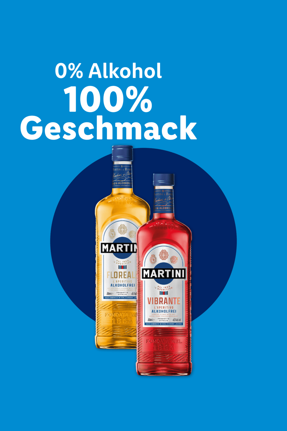 Zwei Flaschen alkoholfreier Aperitif, eine gelb und eine rot, mit dem Text „0% Alkohol, 100% Geschmack“.