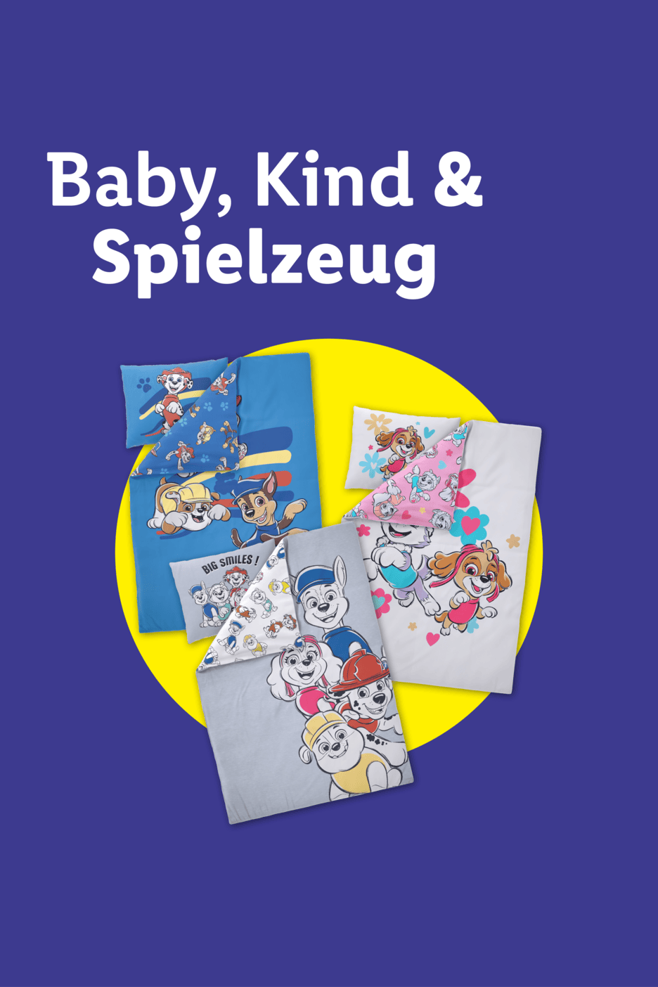 Bettwäsche-Sets für Kinder mit Hundemotiven und dem Text 'Baby, Kind & Spielzeug'.